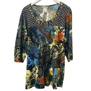 ULLA POPKEN Tunic Tee Size 12/14 Boho Womens Top Multicolor Beaded Cotton